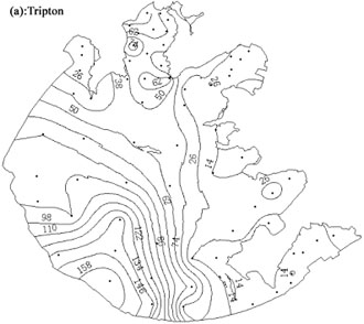Spatial pattern of optically active substances and apparent optical properties in Lake Taihu (a): Tripton concentration (mg l-1); (b): Chla concentration (μ l-1); (c): CDOM absorption coefficient a(440) (m-1); (d): PAR diffuse attenuation coefficient (m-1); (e): PAR eupthotic depth (m); (f): transparency (cm)