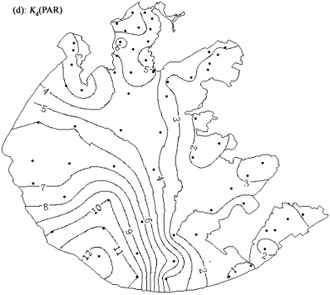 Spatial pattern of optically active substances and apparent optical properties in Lake Taihu (a): Tripton concentration (mg l-1); (b): Chla concentration (μ l-1); (c): CDOM absorption coefficient a(440) (m-1); (d): PAR diffuse attenuation coefficient (m-1); (e): PAR eupthotic depth (m); (f): transparency (cm)