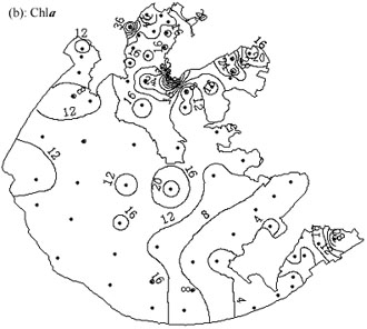 Spatial pattern of optically active substances and apparent optical properties in Lake Taihu (a): Tripton concentration (mg l-1); (b): Chla concentration (μ l-1); (c): CDOM absorption coefficient a(440) (m-1); (d): PAR diffuse attenuation coefficient (m-1); (e): PAR eupthotic depth (m); (f): transparency (cm)