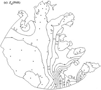 Spatial pattern of optically active substances and apparent optical properties in Lake Taihu (a): Tripton concentration (mg l-1); (b): Chla concentration (μ l-1); (c): CDOM absorption coefficient a(440) (m-1); (d): PAR diffuse attenuation coefficient (m-1); (e): PAR eupthotic depth (m); (f): transparency (cm)