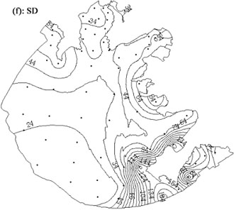Spatial pattern of optically active substances and apparent optical properties in Lake Taihu (a): Tripton concentration (mg l-1); (b): Chla concentration (μ l-1); (c): CDOM absorption coefficient a(440) (m-1); (d): PAR diffuse attenuation coefficient (m-1); (e): PAR eupthotic depth (m); (f): transparency (cm)