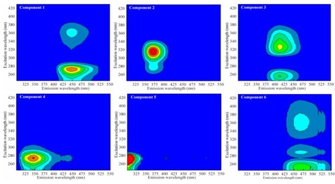 The EEM contours of the six fluorescent components identified by PARAFAC.
