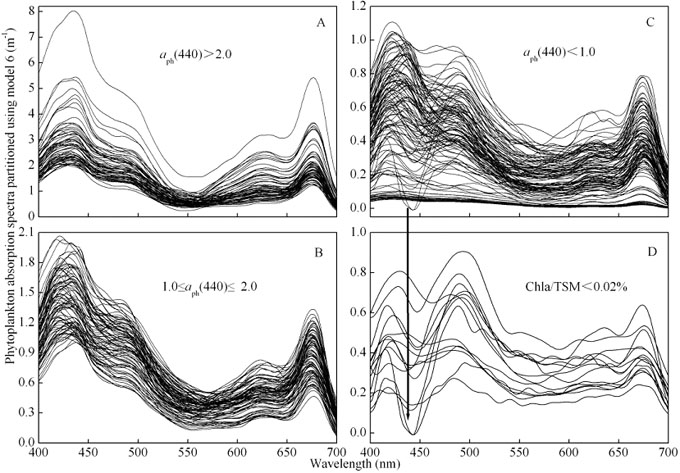 Phytoplankton absorption spectra numerically partitioned using model 6, separated into three different ranges; aph(440) m-1 > 2.0 (A); 1.0 - 2.0 (B); < 1.0 (C); and samples with the ratio of Chla/TSM < 0.02% (D). The arrow indicates the abnormal phytoplankton absorption spectra graphed in Fig. 5D